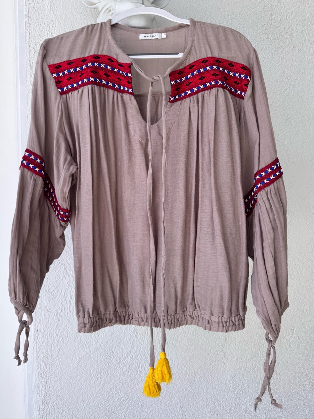 Taupe Embroidered Tassel Bohemian blouse size M/L